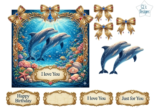 Luxury Dolphin Ocean Topper with Gold Frame, Jewels, Bows & Sentiments