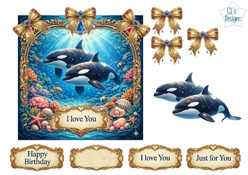 Luxury Orca Ocean Topper with Gold Frame, Jewels, Bows & Sentiments