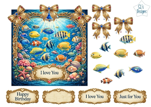 Luxury Tropical Fish Ocean Topper with Gold Frame, Jewels, Bows & Sentiments