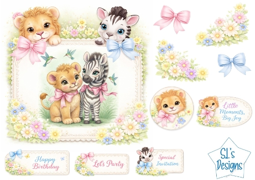 Cute Baby Lion & Zebra Card Front – Safari Animals with Flowers, Bows, Toppers & Sentiments