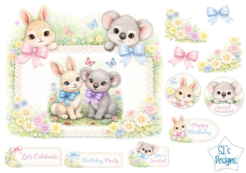 Cute Bunny & Koala Card Front – Pastel Animals with Flowers, Bows, Butterflies, Toppers & Sentiments