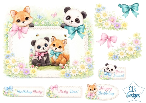 Cute Panda & Fox Card Front – Pastel Animals with Flowers, Bows, Butterflies, Toppers & Sentiments