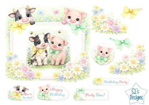 Cute Baby Cow & Pig Card Front – Pastel Farm Animals with Flowers, Bows, Butterflies, Toppers & Sentiments