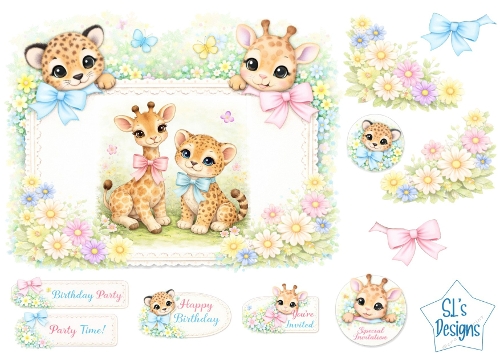 Cute Baby Giraffe & Leopard Card Front – Pastel Safari Animals with Flowers, Bows, Butterflies, Toppers & Sentiments