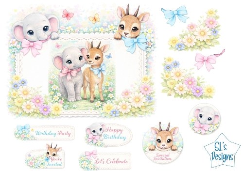 Cute Baby Elephant & Deer Card Front – Pastel Animals with Flowers, Bows, Butterflies, Toppers & Sentiments