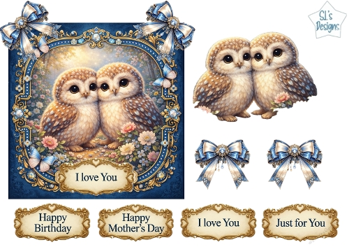 Cute Owls Floral Topper Sheet with Sentiments – Birthday, Mothers Day & Love Cardmaking
