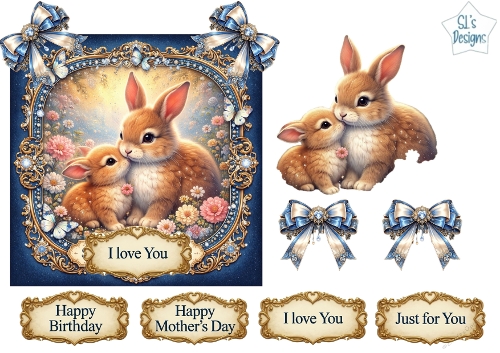 Cute Rabbit Pair Floral Topper Sheet with Gold Frames & Sentiments
