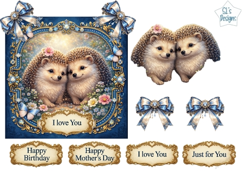 Cute Hedgehog Couple Floral Topper Sheet with Gold Frames & Sentiments
