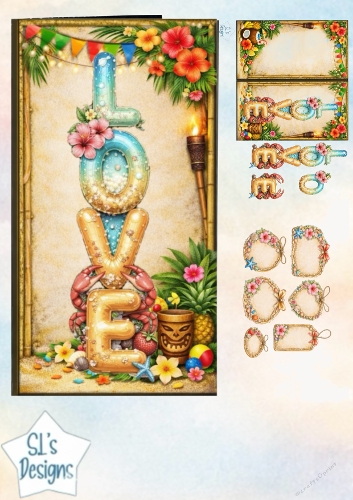 Tropical LOVE Beach Topper Sheet with Seashells, Flowers & Summer Decorations