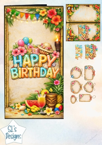 Tropical Happy Birthday Topper Sheet with Flowers, Balloons, Gifts & Summer Party Elements