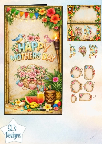 Tropical Happy Mothers Day Topper Sheet with Flowers, Birds, Fruits & Summer Decorations