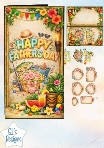 Tropical Happy Fathers Day Topper Sheet with Flowers, Tools, Drinks & Beach Elements