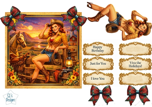 Western Cowgirl & Horse Sunset Card Topper Sheet with Sentiments & Embellishments