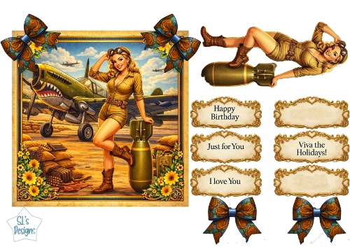 WWII Pin‑Up Aviator Bombshell Card Topper Sheet with Sentiments & Embellishments