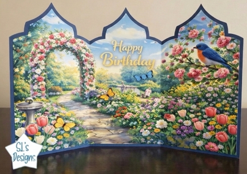 Floral Garden Archway Tri‑Panel Birthday Card Topper with Butterflies & Spring Path