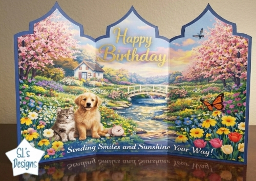 Cottage Garden Bridge Tri‑Panel Birthday Card Topper with Puppy & Kitten