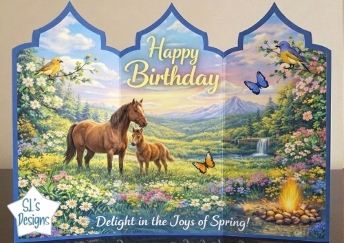 Spring Horses Meadow Tri‑Panel Birthday Card Topper with Foal & Flowers