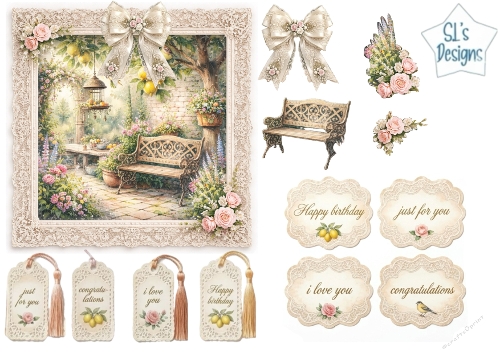 Vintage Lace Garden Bench Card Topper Sheet with Floral Tags & Embellishments