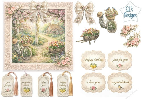 Vintage Lace Cottage Garden Card Topper Sheet with Bicycle, Wheelbarrow & Floral Tags