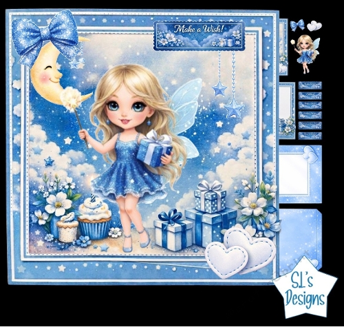 Magical Fairy Birthday Card Front – Blue Fairy with Gifts, Moon, Stars, Cupcakes & Toppers