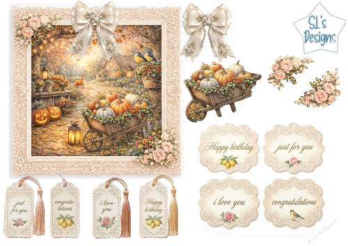 Vintage Autumn Cottage Garden Card Topper Sheet with Pumpkins, Deer & Floral Tags