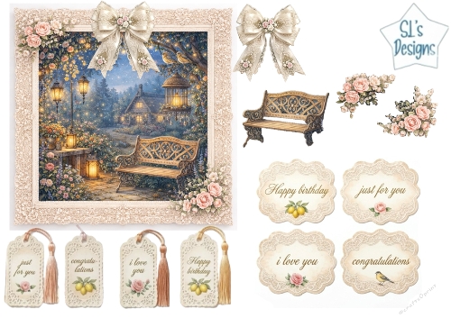 Vintage Night Garden Bench Card Topper Sheet with Lace Bows & Floral Tags