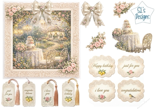 Romantic Vintage Garden Party Card Topper Sheet with Lace Cake Table & Floral Tags