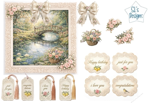Vintage Lace Garden Bridge Card Topper Sheet with Water Lilies & Floral Tags