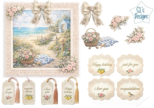 Vintage Lace Seaside Path Card Topper Sheet with Beach Hut & Floral Tags