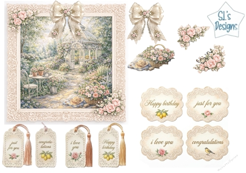 Vintage Lace Garden Gazebo Card Topper Sheet with Floral Bows & Sentiment Tags