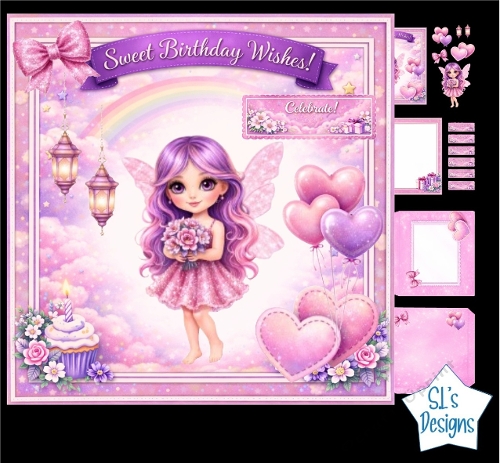 Sweet Fairy Birthday Card Front – Pink & Purple Fairy with Rainbow, Balloons, Flowers, Cupcake & Toppers