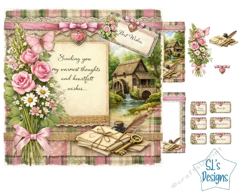 Vintage Roses & Watermill Card Front – Floral Lace, Parchment Note, Countryside Scene & Sentiment Tags