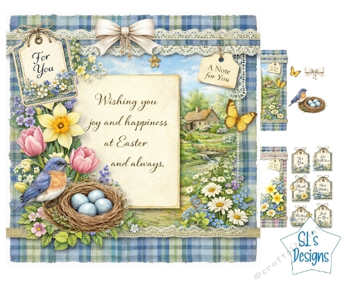 Spring Easter Card Front – Bluebird, Nest, Flowers, Cottage Scene, Plaid Background & Sentiment Tags