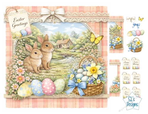 Easter Rabbits Card Front – Spring Cottage Scene with Eggs, Flowers, Basket, Lace Border & Sentiment Tags