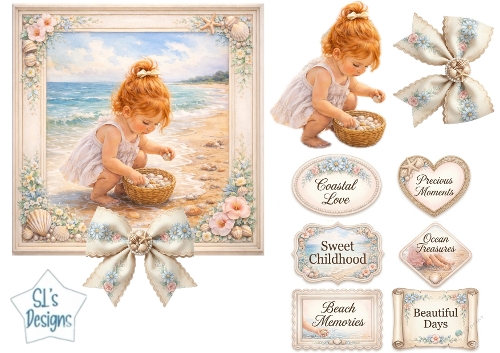 Coastal Childhood Memories Card Topper – Sweet Beach Girl Collecting Seashells 