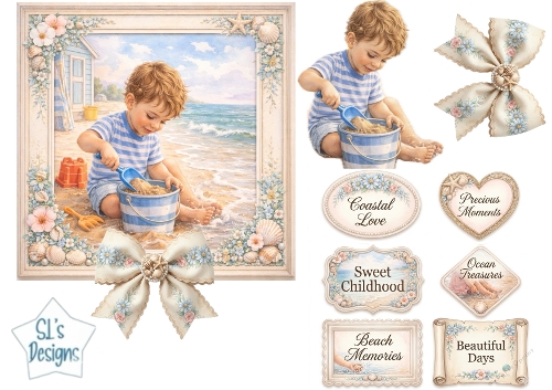 Vintage Coastal Childhood Card Topper – Little Boy Playing in the Sand