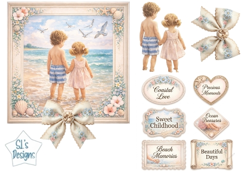 Vintage Coastal Childhood Card Topper – Boy and Girl Holding Hands by the Sea