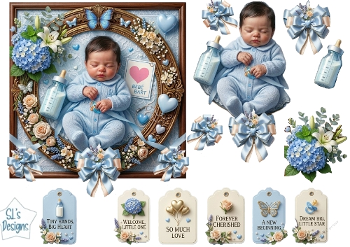 Baby Boy Blue Card Topper – Sleeping Newborn with Flowers and Bows