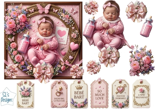 Baby Girl Pink Card Topper – Sleeping Newborn with Flowers and Bows