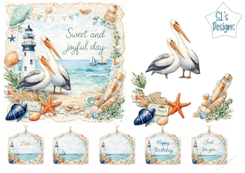 Watercolor Coastal Card Topper – Pelicans, Lighthouse & Seashells