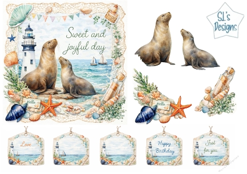 Watercolor Coastal Wildlife Card Topper – Seals, Lighthouse & Seashells
