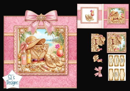 Luxury Tropical Holiday Card Topper – Pink Beach Accessories & Palm Scene