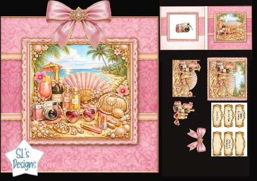 Luxury Beach Glam Card Topper – Pink Camera, Perfume & Tropical Scene