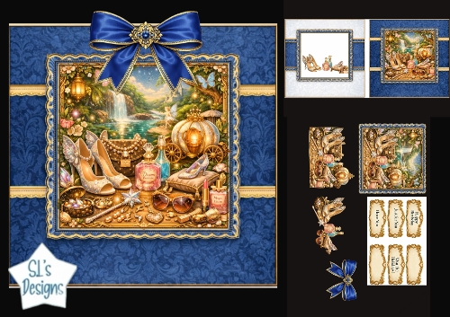 Luxury Fantasy Card Topper – Magical Carriage, Blue Bow & Glam Accessories 