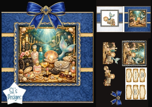 Luxury Mermaid Fantasy Card Topper – Underwater Treasure, Blue Bow & Glam Accessories