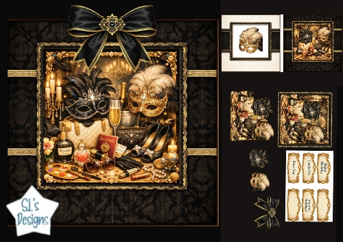 Luxury Masquerade Ball Card Topper – Elegant Masks, Glam Accessories & Gold Décor