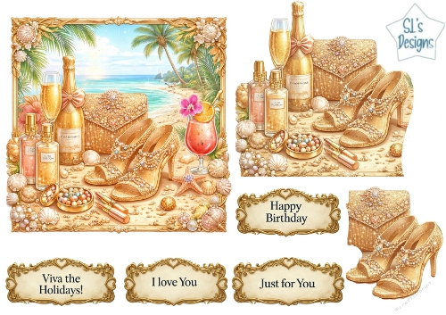 Luxury Tropical Glam Card Topper – Gold Heels, Perfume & Beach Scene 