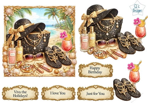 Luxury Tropical Glam Card Topper – Black Sunhat, Gold Accessories & Beach Scene