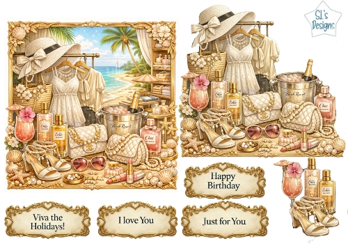 Luxury Tropical Fashion Card Topper – Chic Summer Outfit, Beach Accessories & Gold Details 