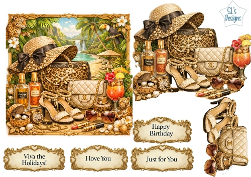 Luxury Tropical Fashion Card Topper – Leopard Print Accessories, Exotic Wildlife & Gold Décor 